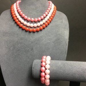 VTG Pop Bead Necklace  Bracelets Pink Red Triple Strand Adjustable Retro